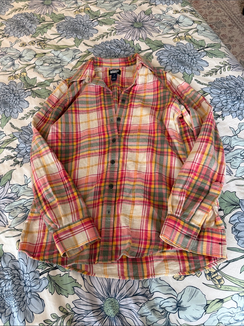 Lands' End Plaid Lightweight FlannelShirt - Pink, Yellow & Green
